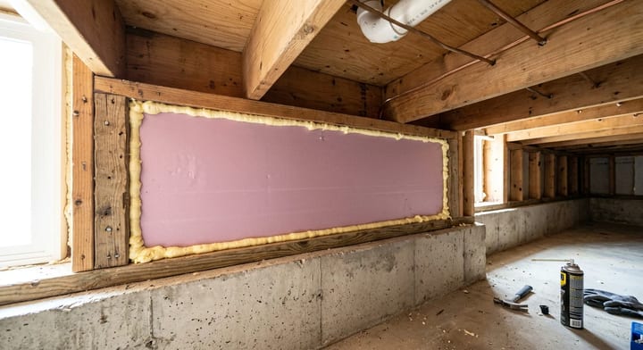 Rigid foam board insulation installed and sealed in a basement rim joist bay