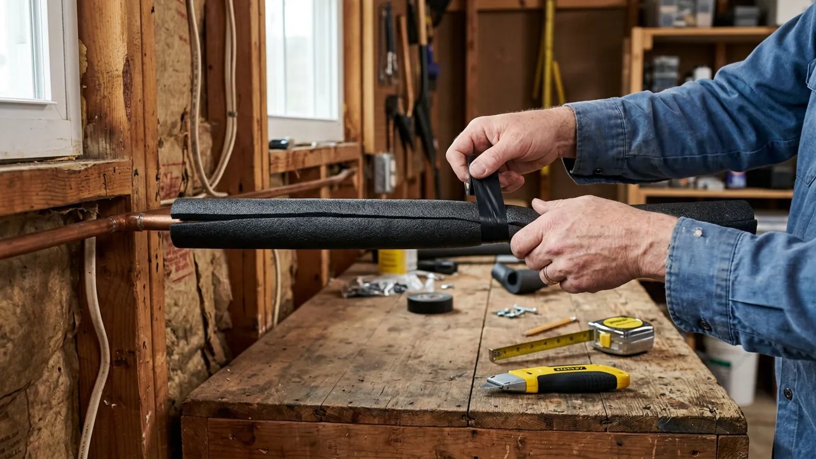 Homeowner installing foam pipe insulation on a copper water line in a garage.