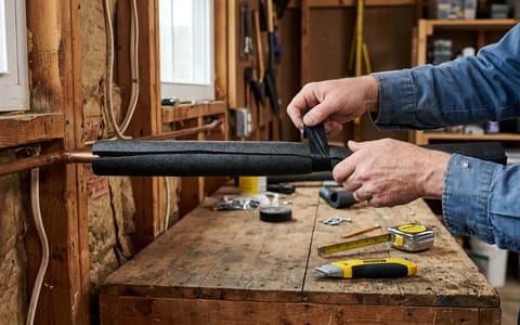 Homeowner installing foam pipe insulation on a copper water line in a garage.