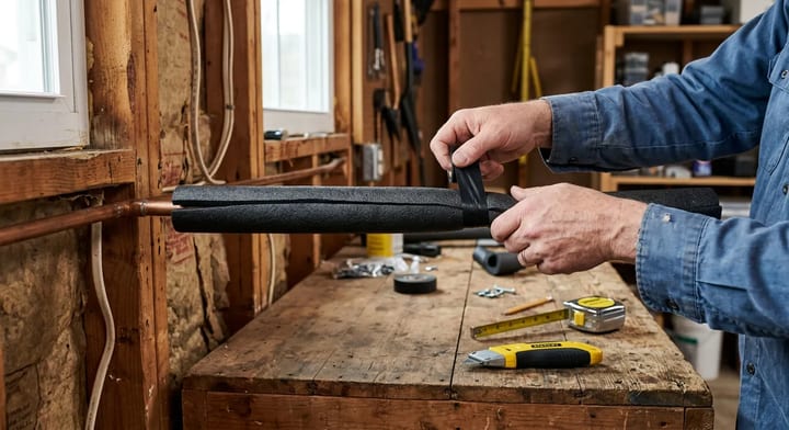 Homeowner installing foam pipe insulation on a copper water line in a garage.