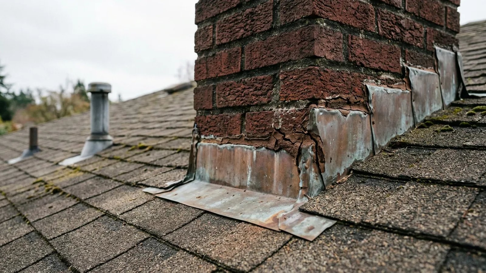 Close-up of aging metal flashing and cracked sealant around a brick chimney on a shingle roof.