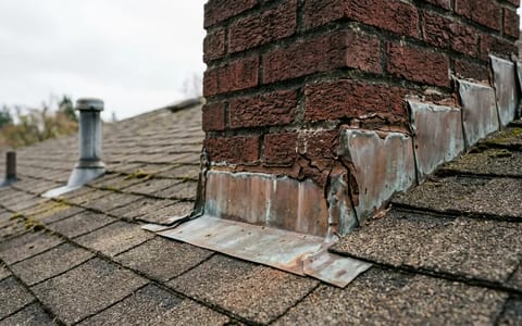 Close-up of aging metal flashing and cracked sealant around a brick chimney on a shingle roof.