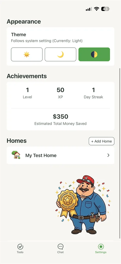 Achievements, XP and money saved on iPhone