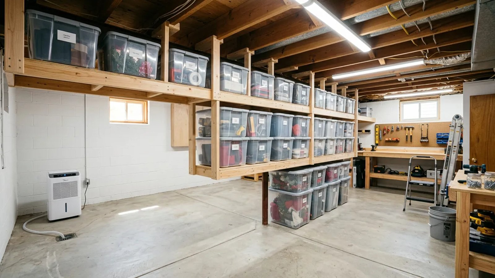 Organized basement with ceiling joist storage and bright LED lighting