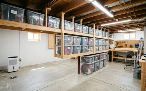 Organized basement with ceiling joist storage and bright LED lighting