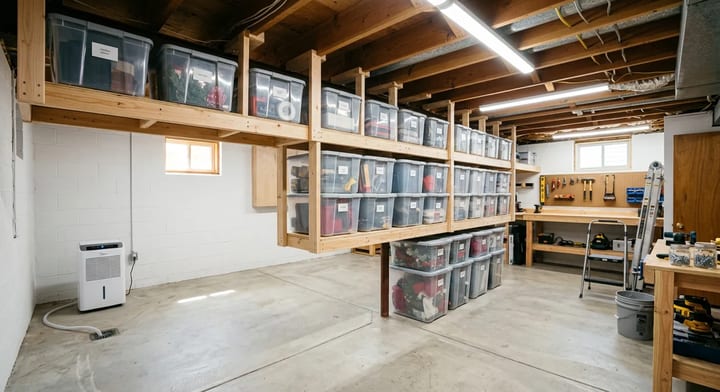 Organized basement with ceiling joist storage and bright LED lighting