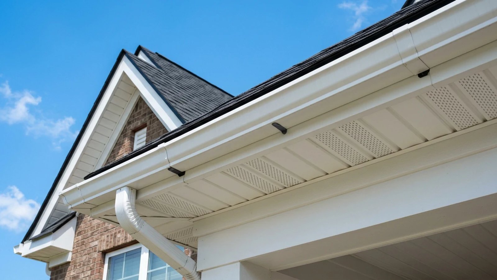 Crisp white vinyl soffit and fascia on a residential roofline.