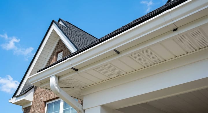 Crisp white vinyl soffit and fascia on a residential roofline.