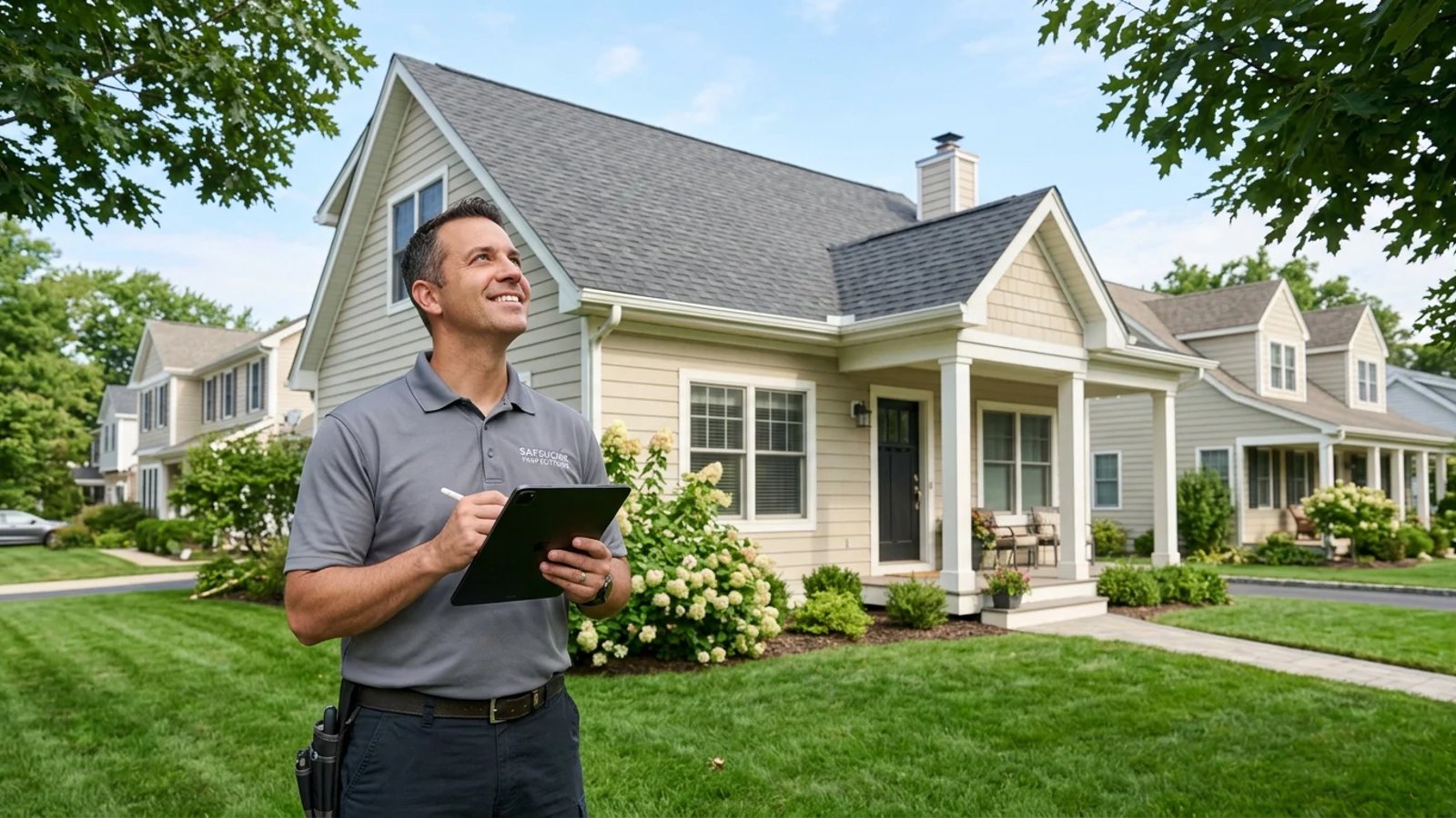 Home inspector looking at a house exterior while holding a tablet
