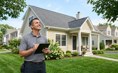 Home inspector looking at a house exterior while holding a tablet