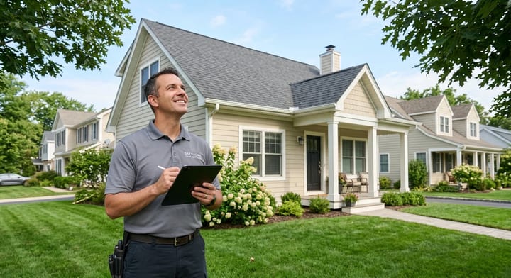 Home inspector looking at a house exterior while holding a tablet