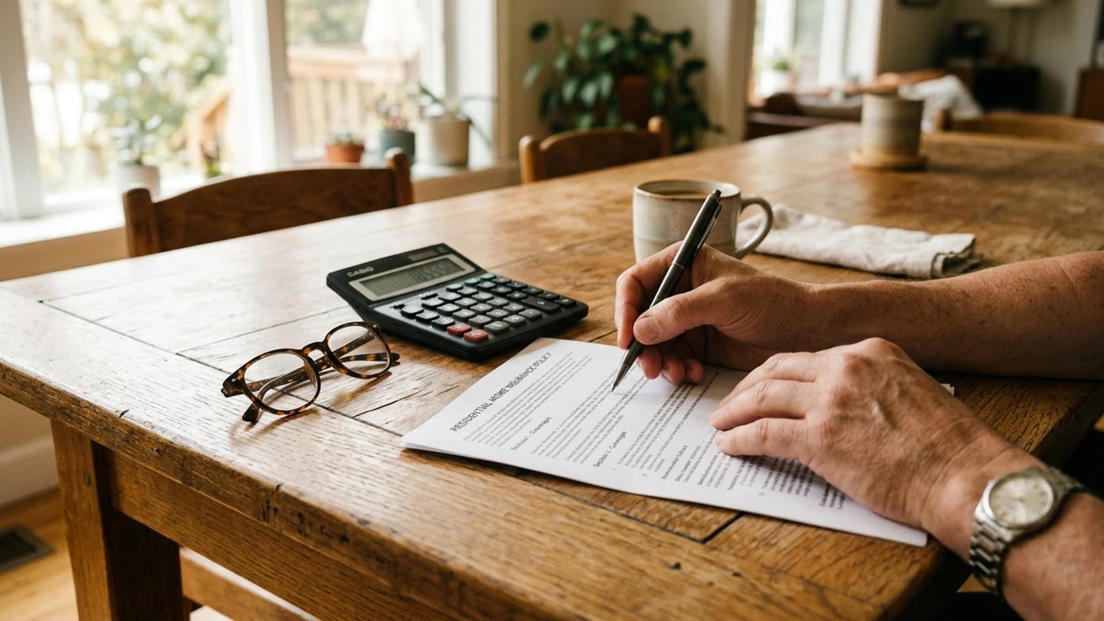 Homeowner calculating house insurance costs on a wooden table