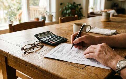 Homeowner calculating house insurance costs on a wooden table