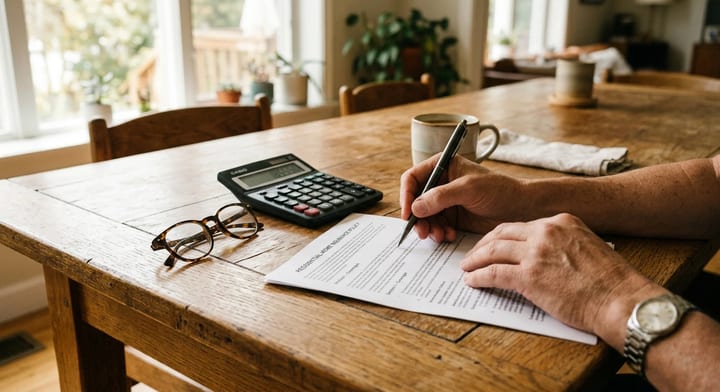 Homeowner calculating house insurance costs on a wooden table
