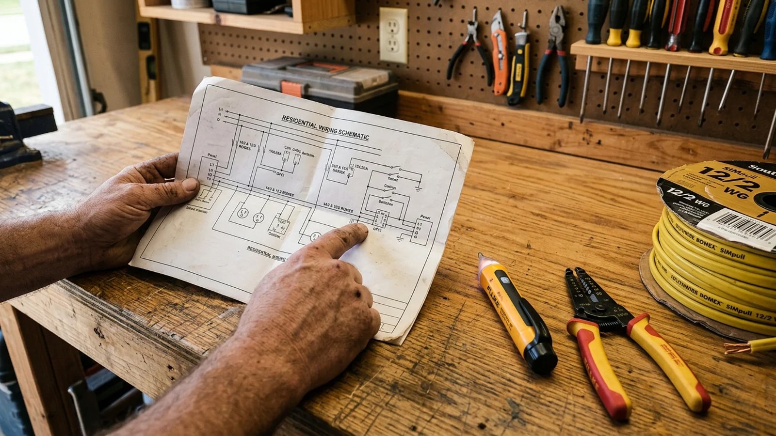 A homeowner reviewing a house wiring diagram on a workbench alongside basic electrical tools.