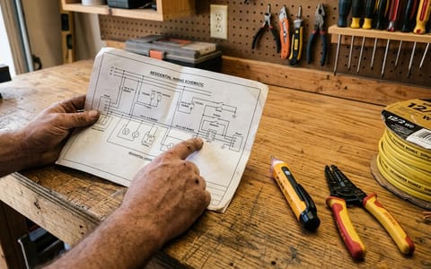A homeowner reviewing a house wiring diagram on a workbench alongside basic electrical tools.