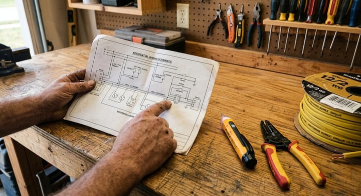 A homeowner reviewing a house wiring diagram on a workbench alongside basic electrical tools.