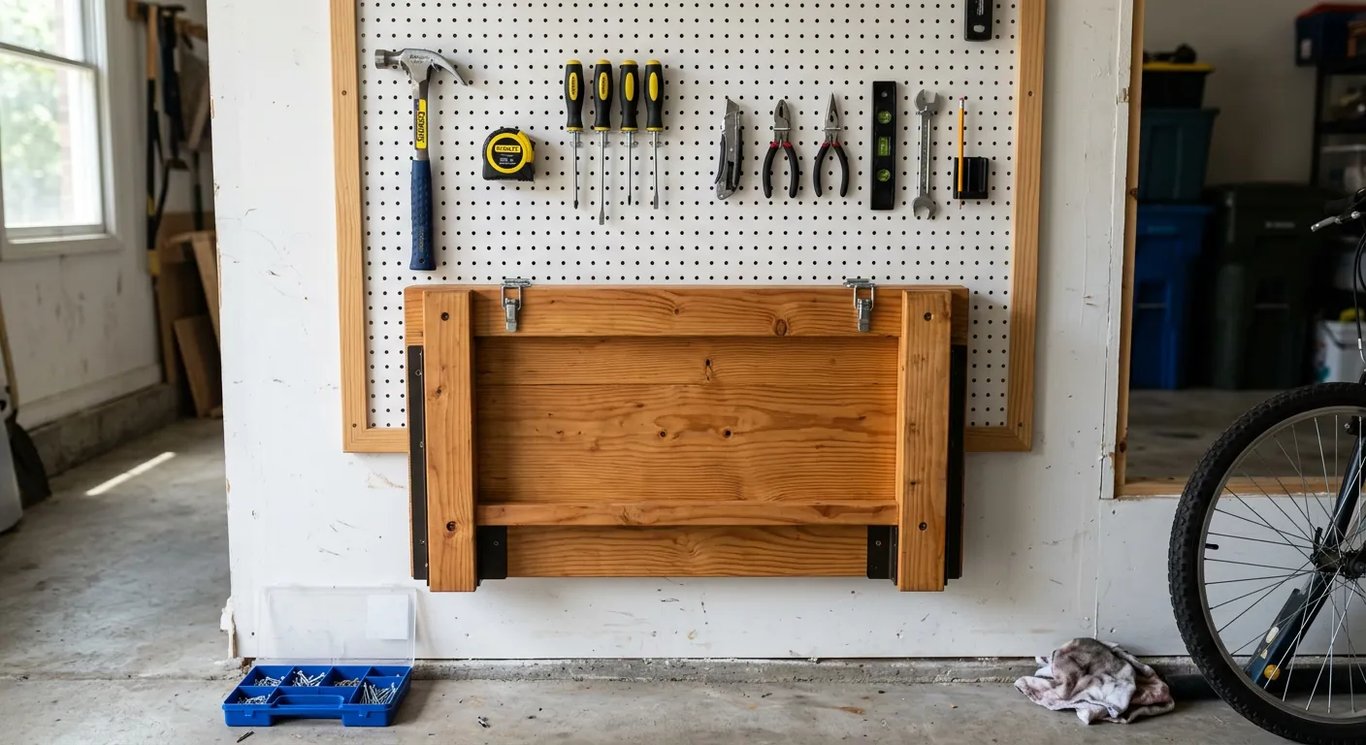 A space-saving fold-down workbench mounted to a garage wall.