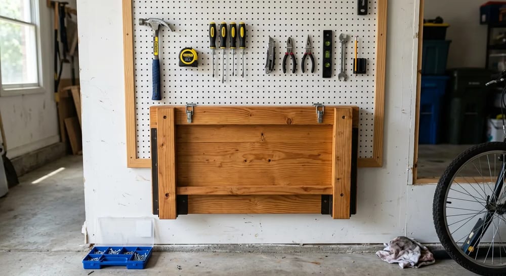 A space-saving fold-down workbench mounted to a garage wall.