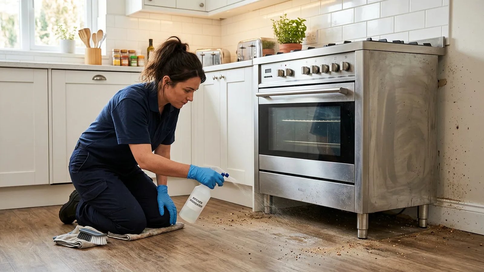 Person safely spraying the floor behind a pulled-out kitchen stove