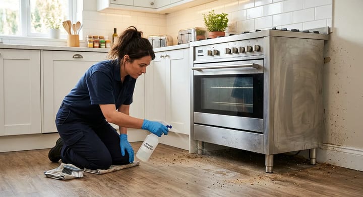 Person safely spraying the floor behind a pulled-out kitchen stove