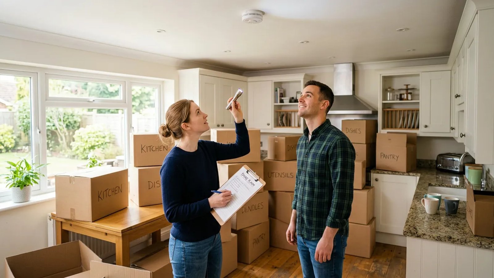New homeowners reviewing a checklist while unpacking boxes in their kitchen.