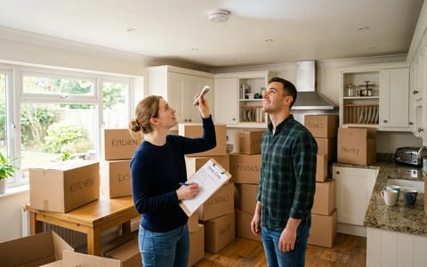 New homeowners reviewing a checklist while unpacking boxes in their kitchen.