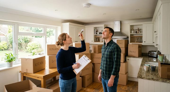 New homeowners reviewing a checklist while unpacking boxes in their kitchen.