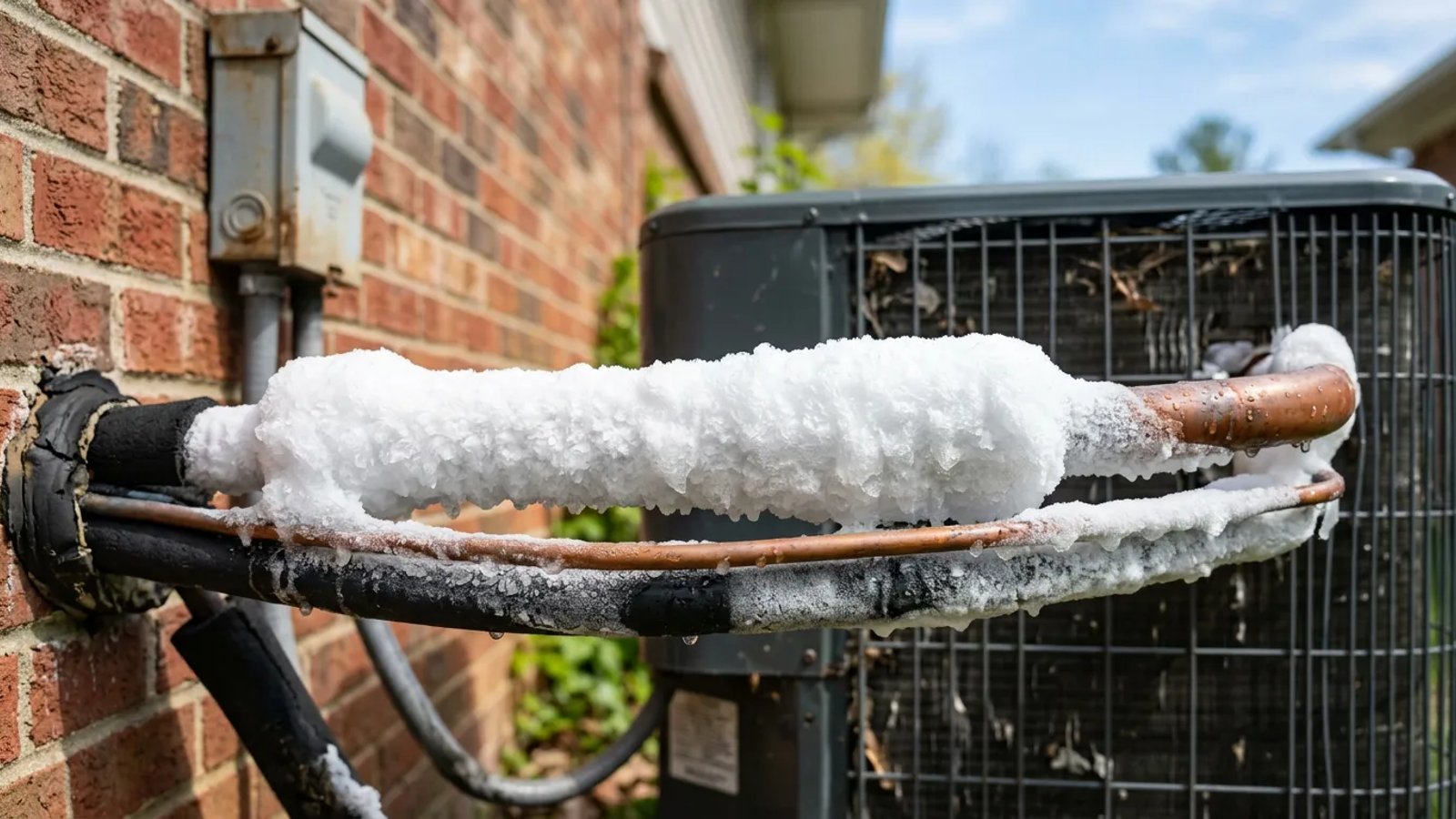 A frozen copper refrigerant line on an outdoor central air conditioning unit.