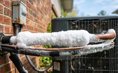 A frozen copper refrigerant line on an outdoor central air conditioning unit.