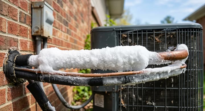 A frozen copper refrigerant line on an outdoor central air conditioning unit.