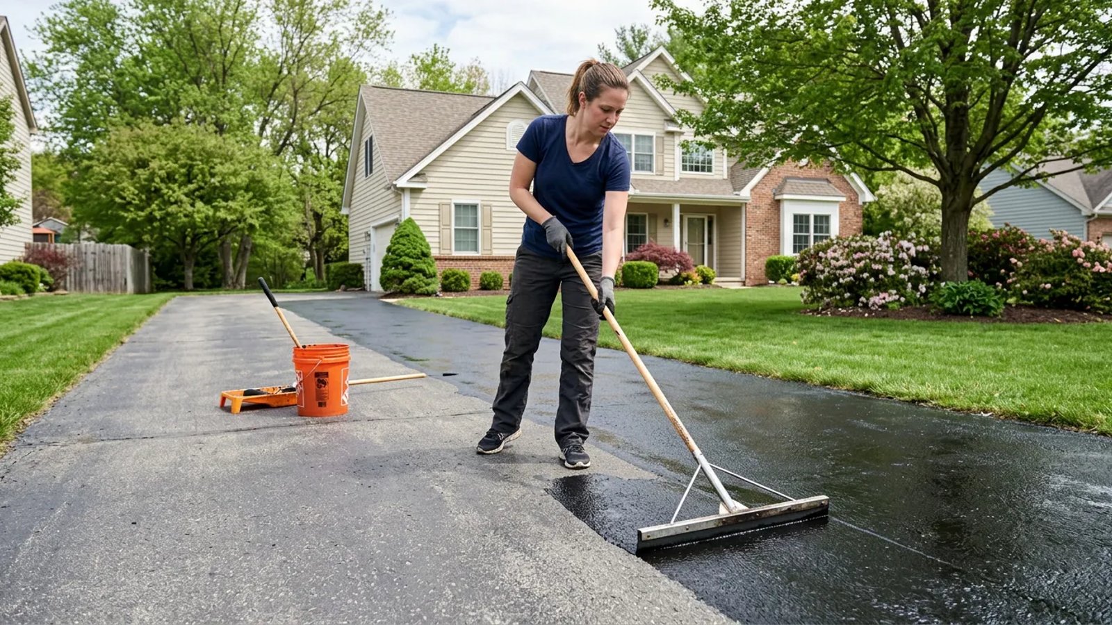 Homeowner using a squeegee to apply black asphalt sealer to a faded driveway.