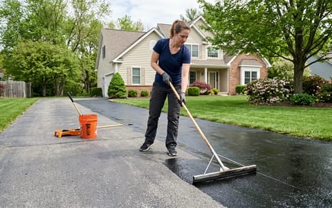 Homeowner using a squeegee to apply black asphalt sealer to a faded driveway.