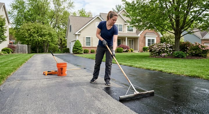 Homeowner using a squeegee to apply black asphalt sealer to a faded driveway.