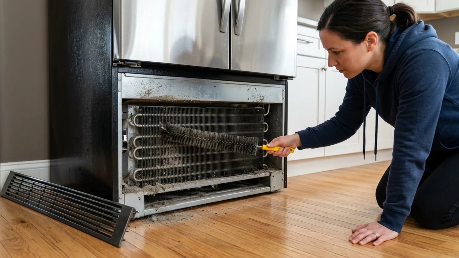 Person using a coil cleaning brush on the bottom condenser coils of a refrigerator.