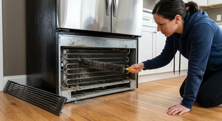 Person using a coil cleaning brush on the bottom condenser coils of a refrigerator.