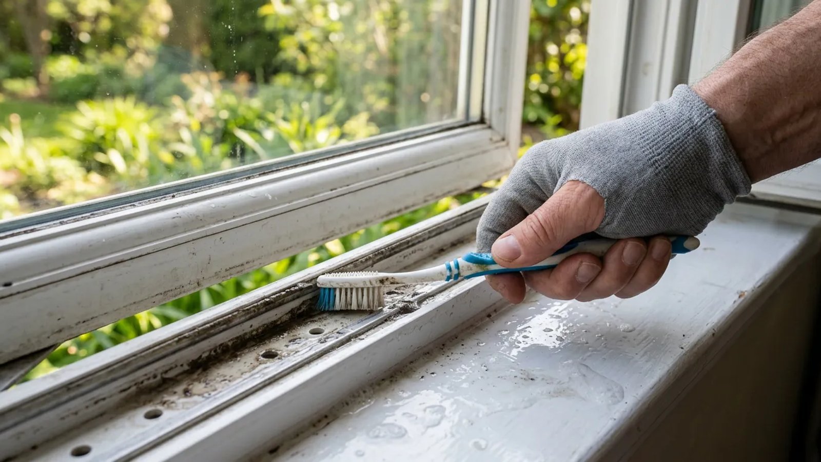 Scrubbing a window track and weep hole with a toothbrush