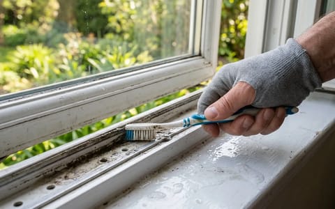 Scrubbing a window track and weep hole with a toothbrush
