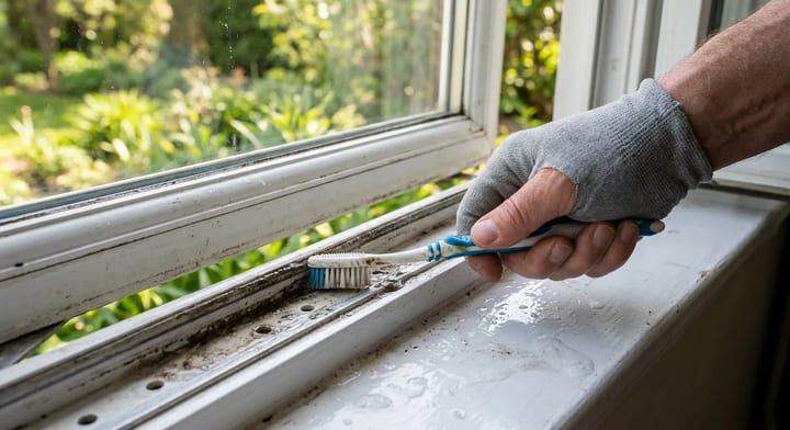 Scrubbing a window track and weep hole with a toothbrush