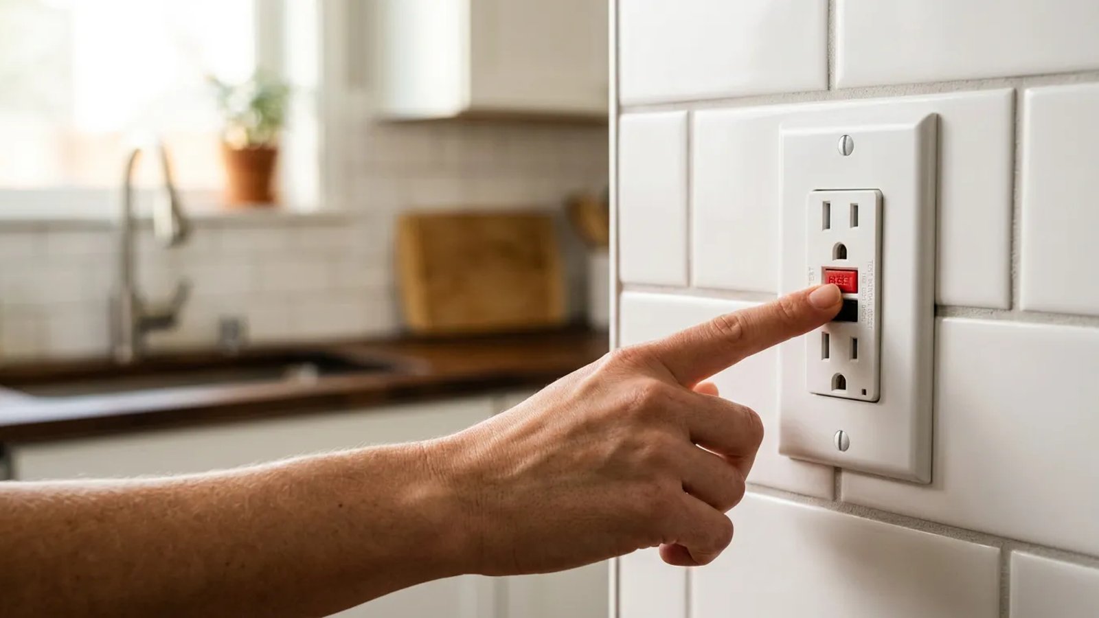 A hand pressing the reset button on a white kitchen GFCI outlet.
