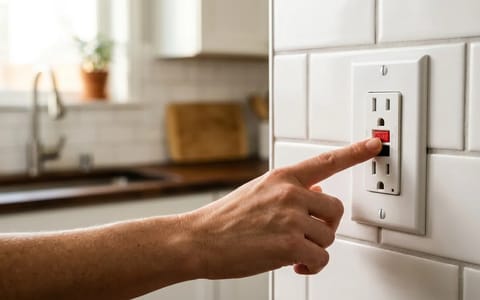 A hand pressing the reset button on a white kitchen GFCI outlet.