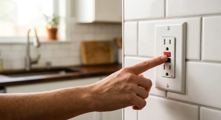 A hand pressing the reset button on a white kitchen GFCI outlet.