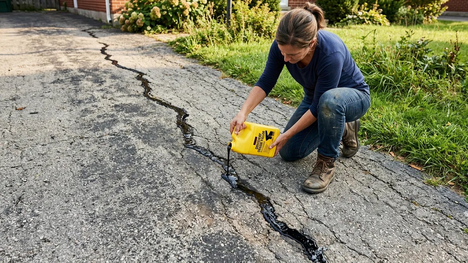 Homeowner pouring black crack filler into an asphalt driveway crack